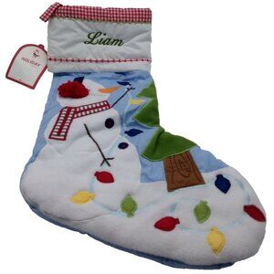 Pottery Barn Kids Liam Christmas Stocking Snowman Lights Tree Holiday Xmas Blue